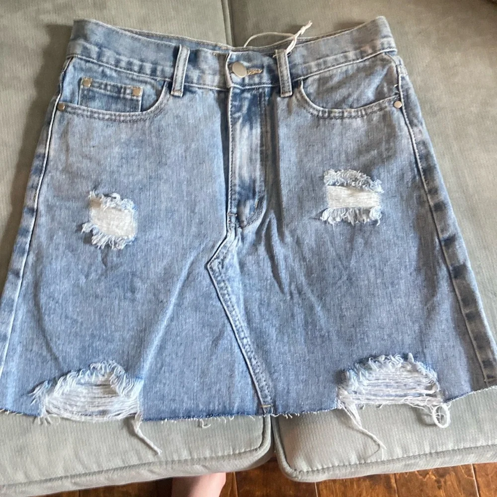 Petal & Pup Light Blue Distressed Denim Mini Skirt - Picture 1 of 3